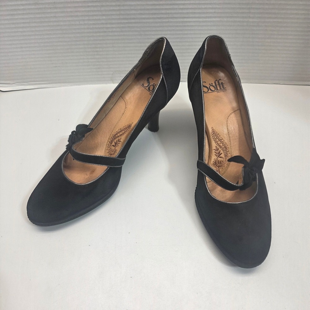 Sofft Womens Black Suede Mary Jane Pumps Floral Bow‎ Mid Heels Size 8M 1015761